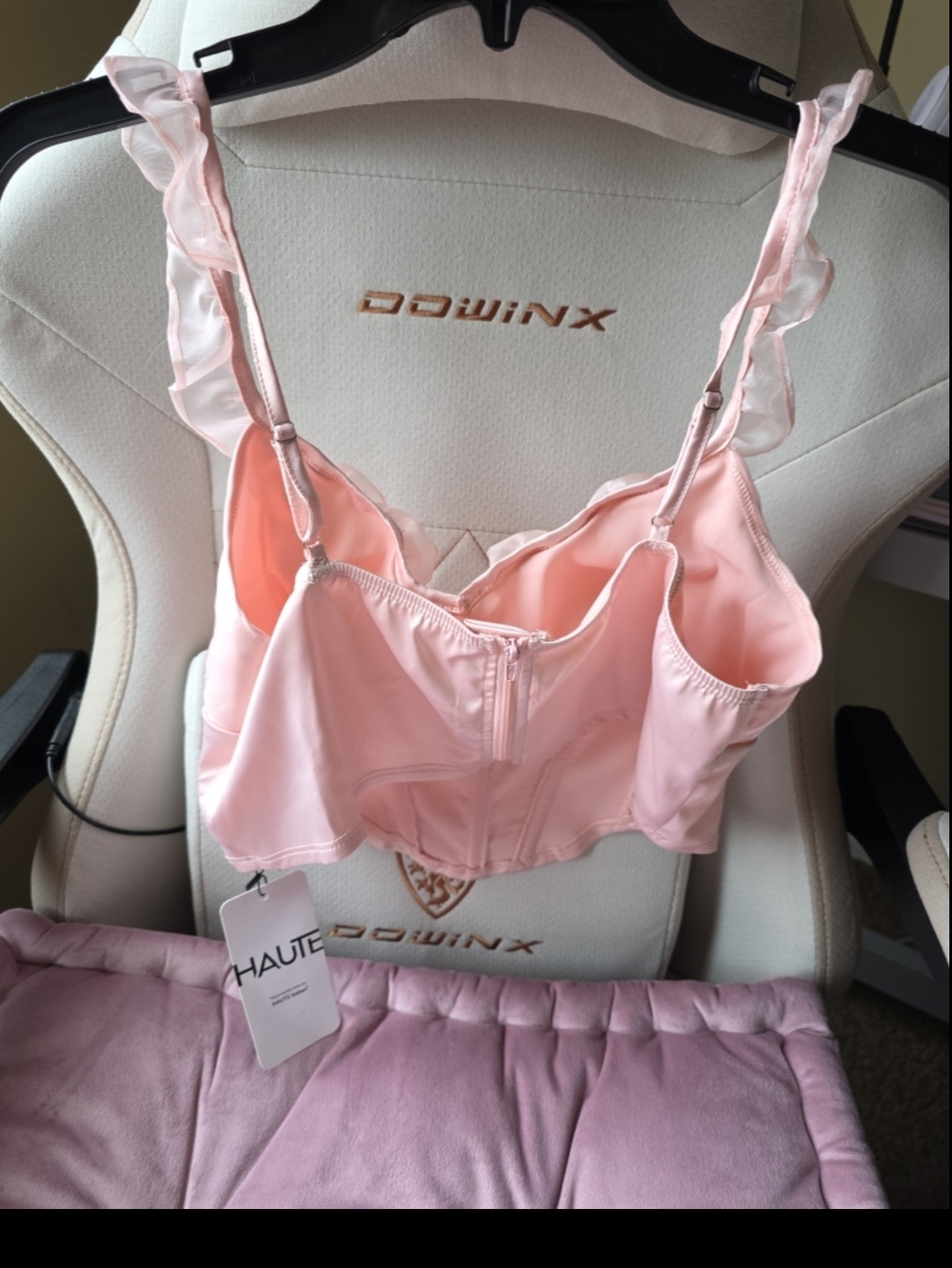SHEIN Light Pink Satin & Sheer Ruffle Bustier - Picture 3 of 7